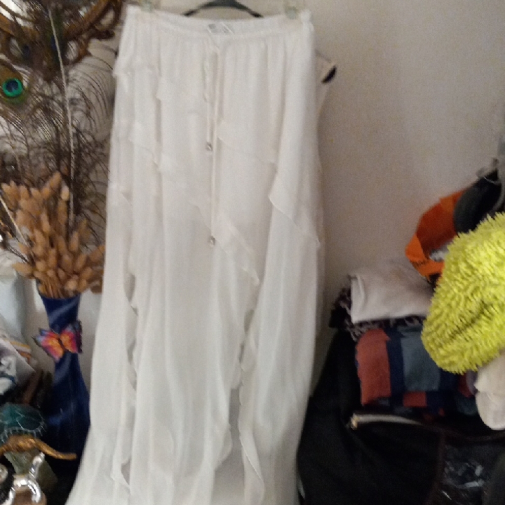 SHEIN White Gathered Sheer Skirt Or Beach Cover Up.